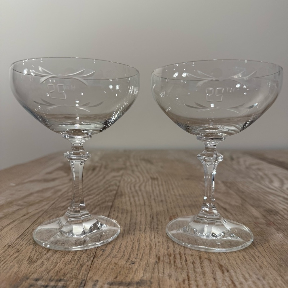 25th Vintage Etched Coupe Glasses Set of 2‎ Anniversary Birthday Celebration